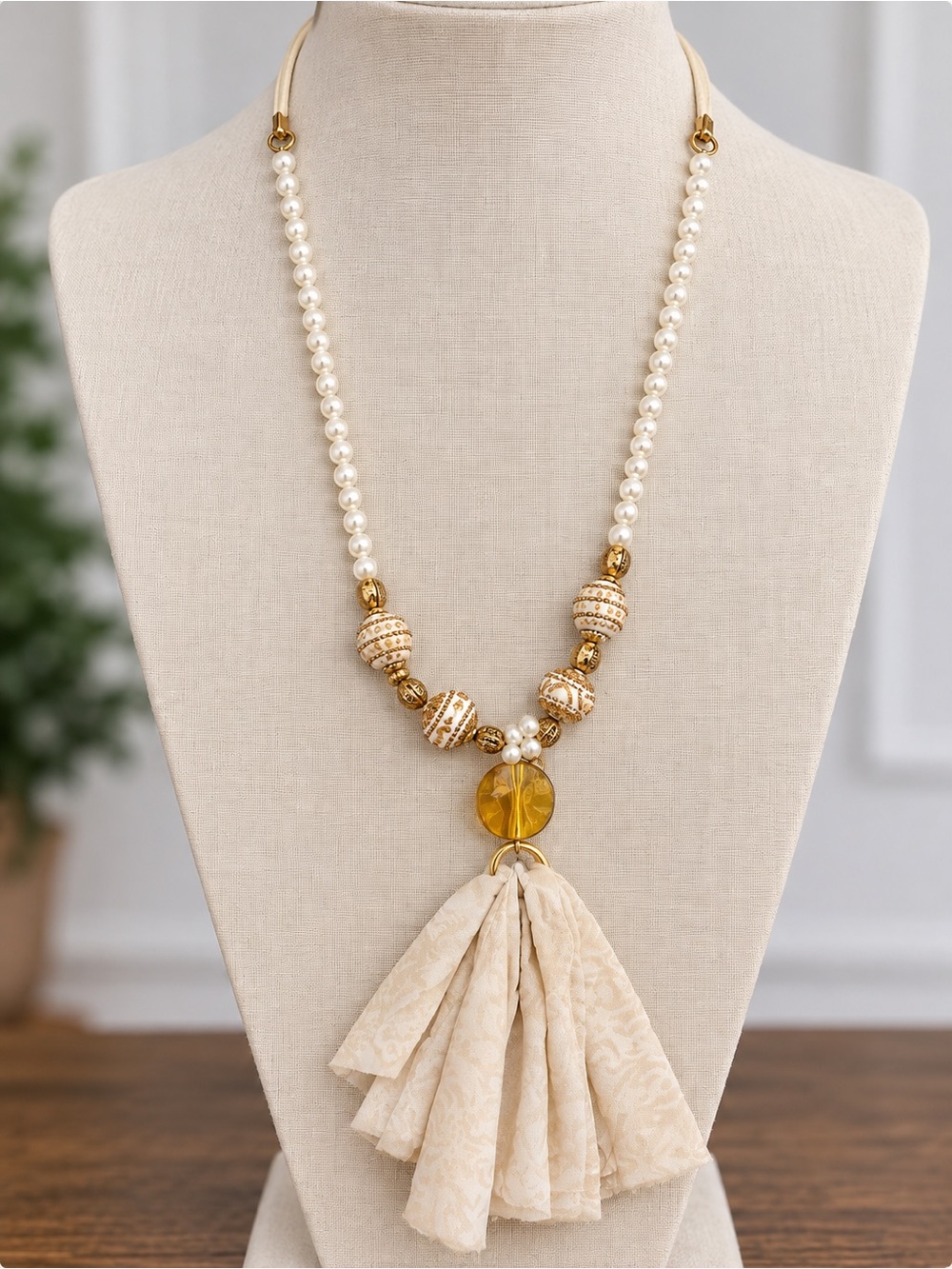 Boho Statement Pearl Beaded Tassel Necklace Gold Tone Ivory